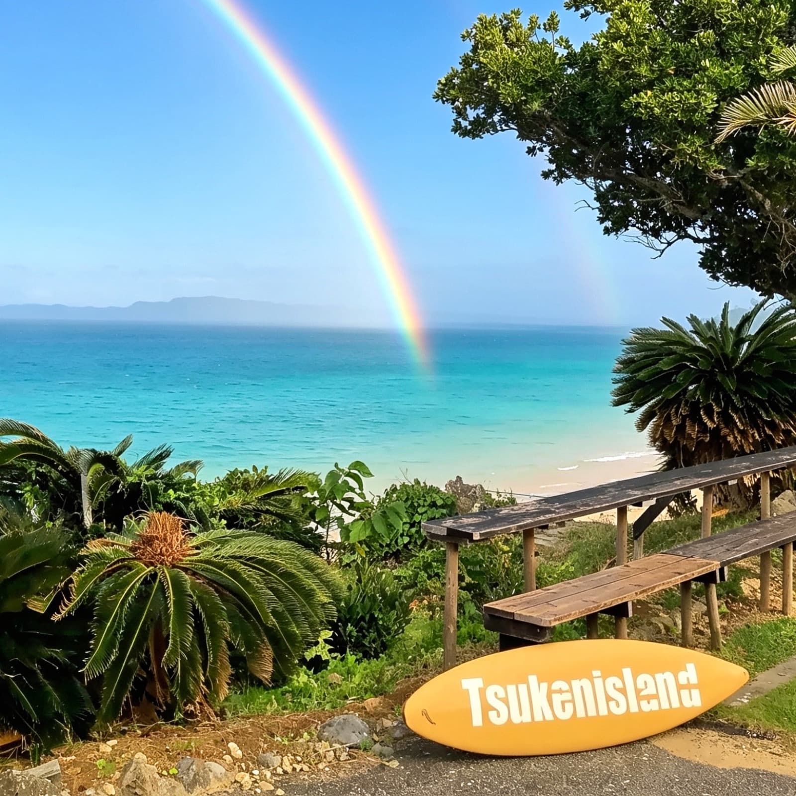 津堅島のTsukenislandサーフボード看板と虹