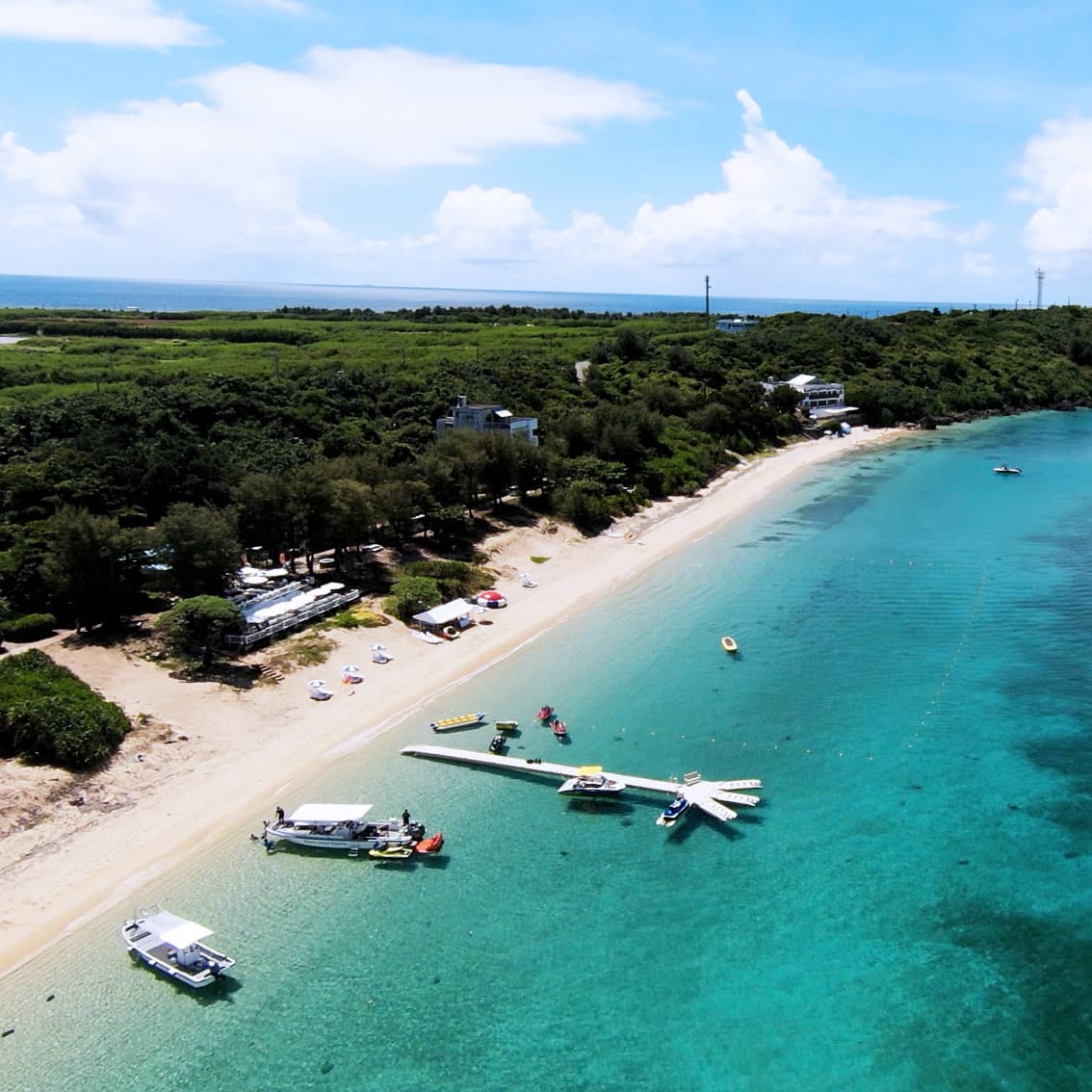Aerial view of the private beach base on Hamahiga Island